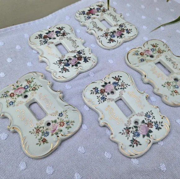 VTG Set of 5 Arnart Japan Porcelain Floral Light Switch Covers | Gold Gilt S7310 - Picture 13 of 14